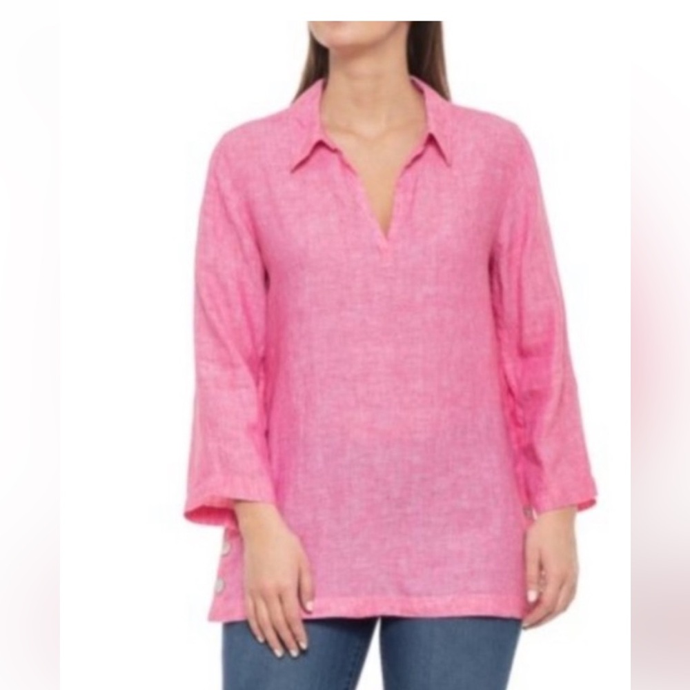 SIGRID OLSEN 100% linen BURGUNDY CHAMBRAY tunic top Sz 2X